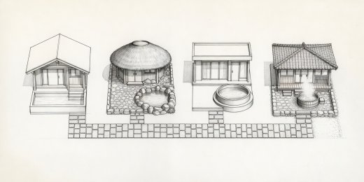 Overhead architectural drawing showing four distinct cabin spa zones connected by a linear stone walkway