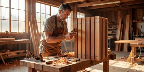 Craftsperson inspecting clear vertical grain cedar slats and stainless steel hidden fasteners in a sunlit workshop