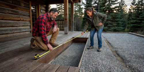 Two cabin owners with a tape measure inspecting a recessed timber deck opening and gravel foundation pad for an outdoor hot tub