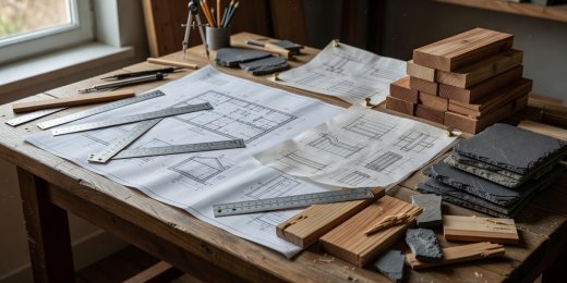 Studio workbench with architectural scale rulers, sauna ventilation diagrams, cedar blocks, and slate tiles